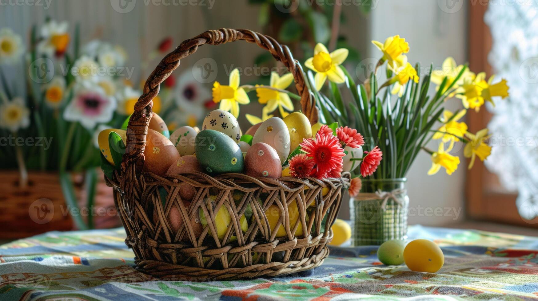 ai generado composición con Pascua de Resurrección huevos y flores en el tejido cesta en el hogar. primavera fiesta Pascua de Resurrección celebracion concepto. foto