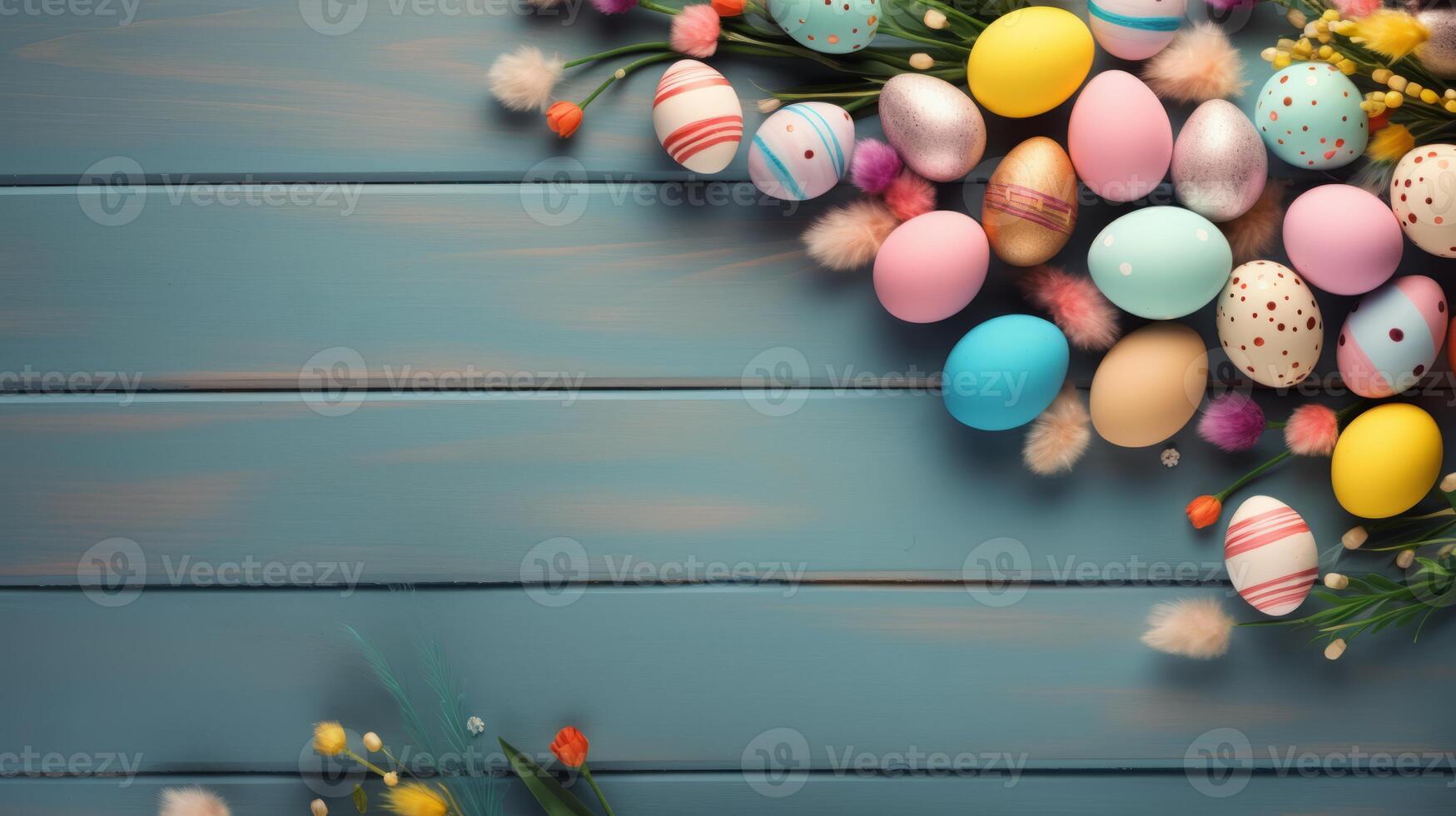 AI generated Easter background with Easter painted eggs and spring flowers on rustic wooden background. Top view with copy space. photo