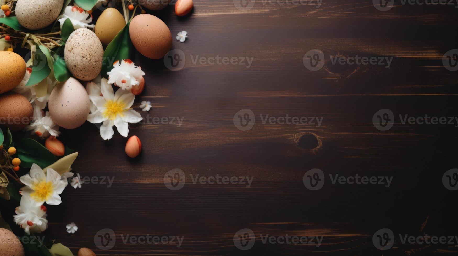 AI generated Easter background with Easter painted eggs and spring flowers on wooden background. Top view with copy space. photo