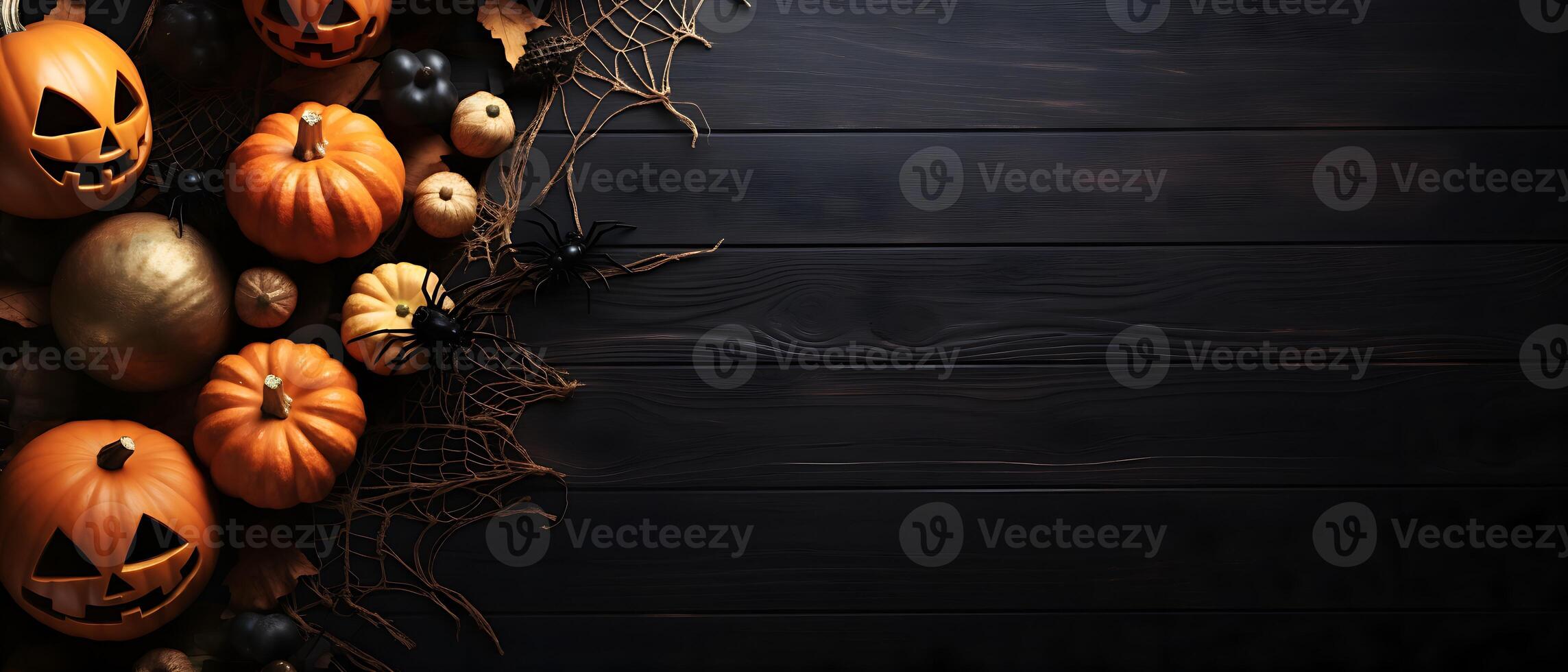 AI generated Halloween background with pumpkins with copy space photo
