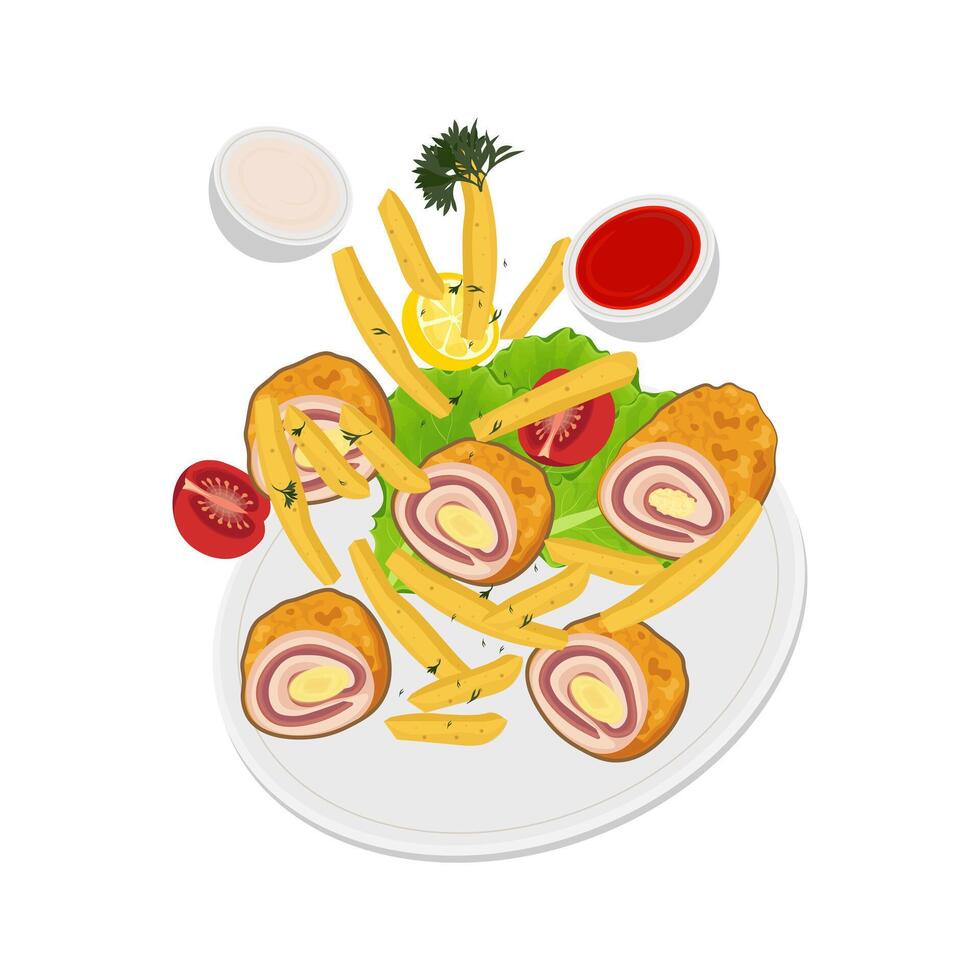 Cordon bleu with French fries levitation vector illustration logo