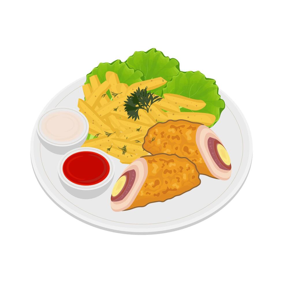 Cordon bleu with French fries levitation vector illustration logo