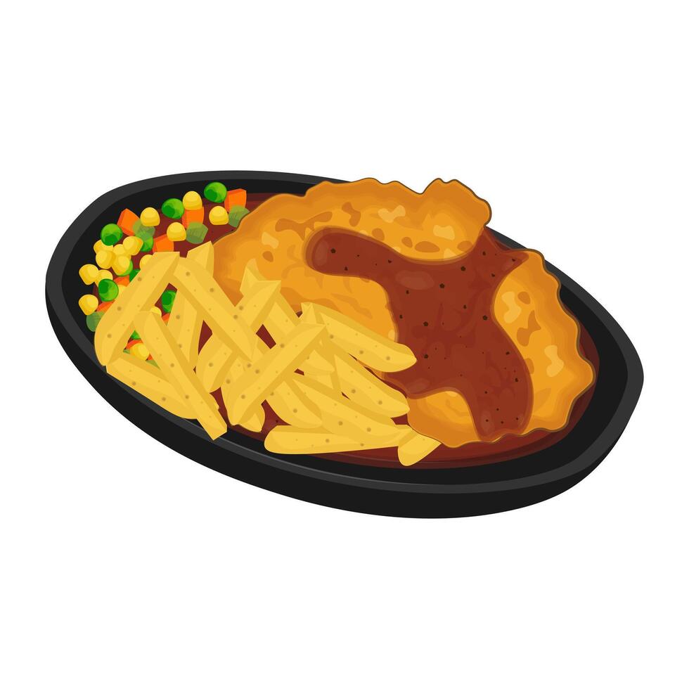 Vector illustration logo Crispy chicken steak with black pepper sauce on a hot plate