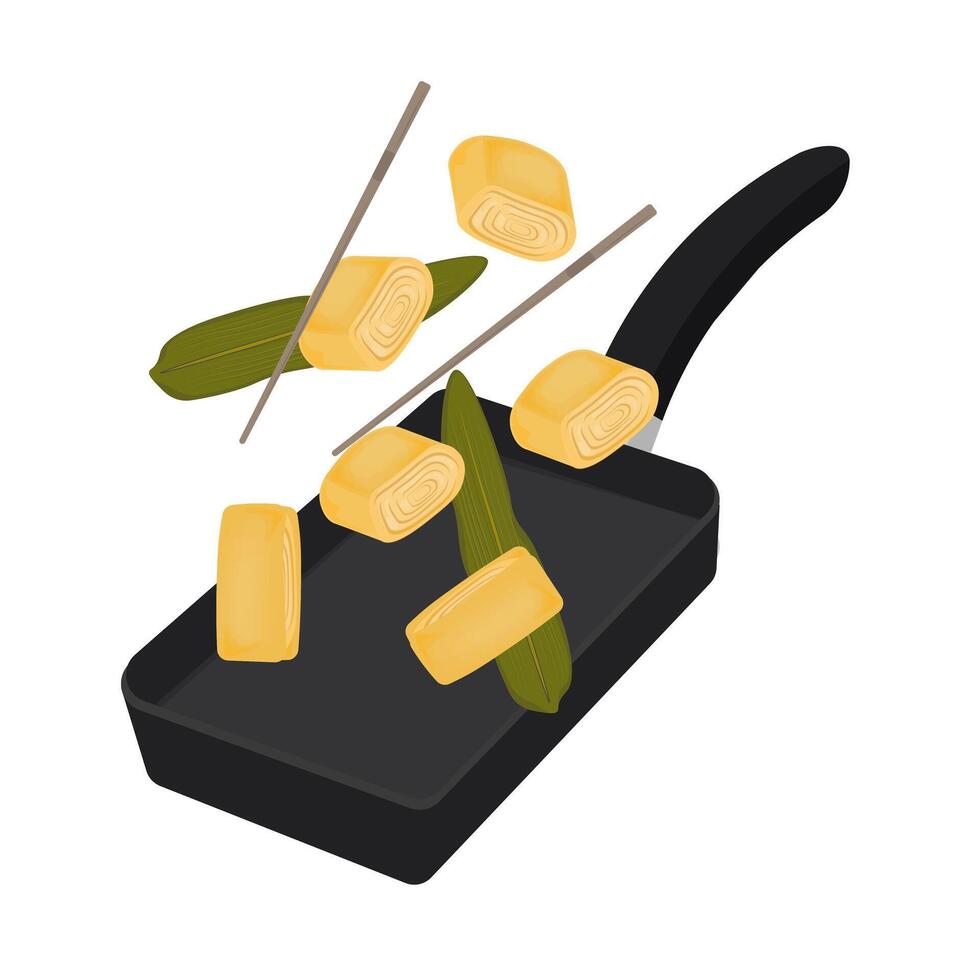 Tamagoyaki Japanese rolled omelet levitation vector illustration logo