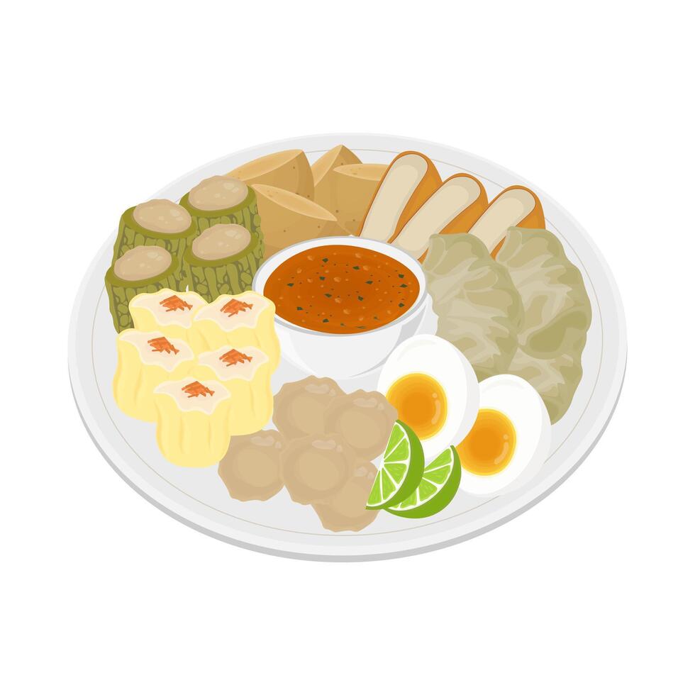 vector ilustración logo de empanadillas siomay con varios tipos de empastes y separar maní salsa