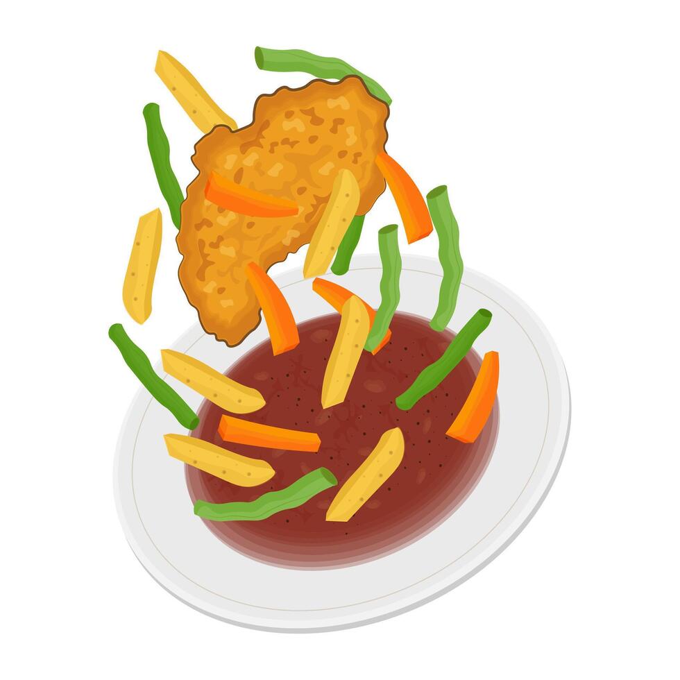 Vector illustration logo Levitation Crispy chicken steak with barbeque sauce