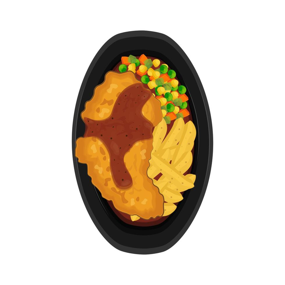 Vector illustration logo Crispy chicken steak drizzled with black pepper sauce