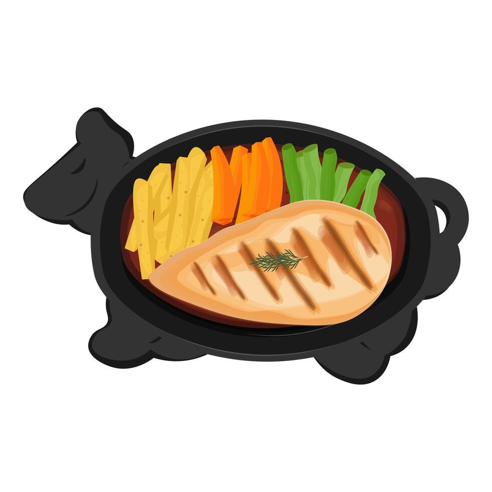 Vector illustration logo Chicken steak with vegetables On a hot plate
