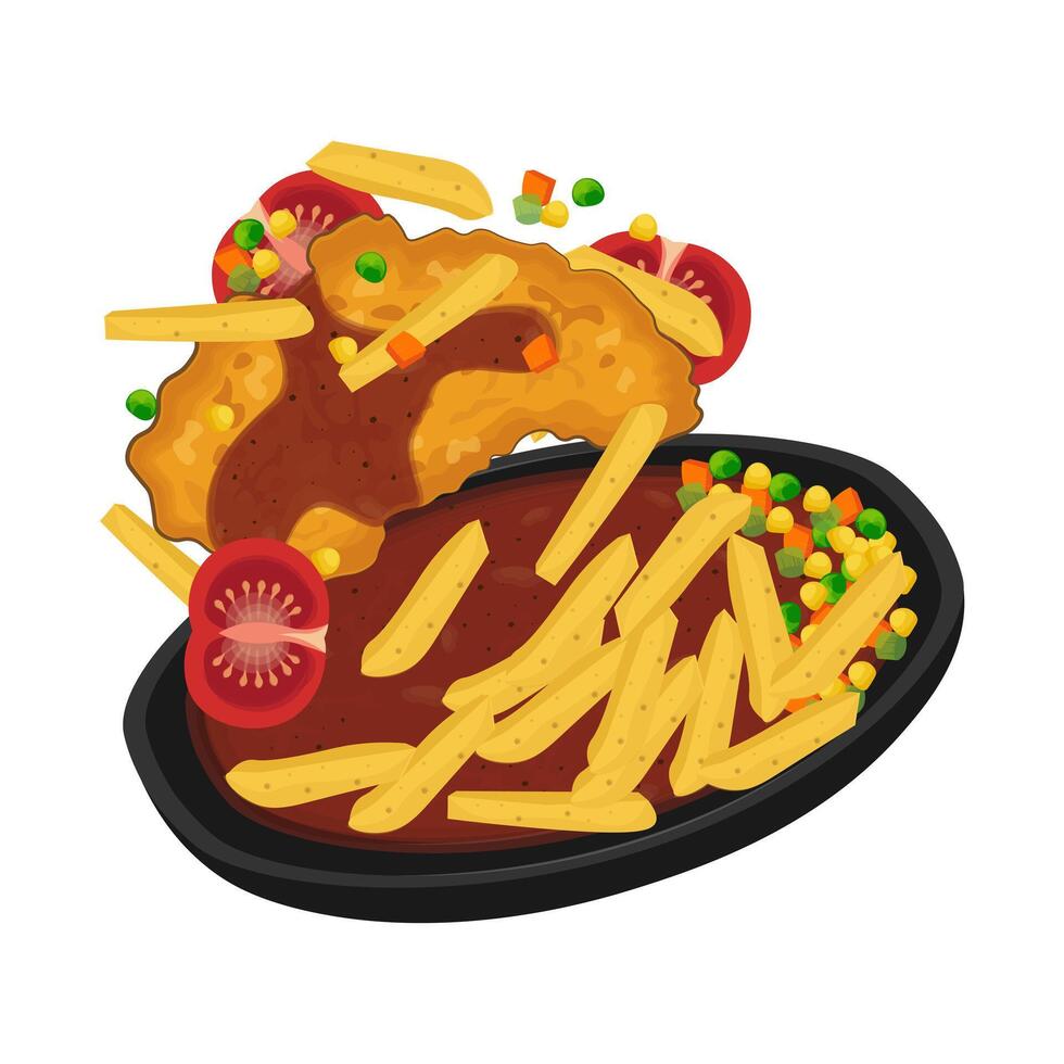 vector ilustración logo crujiente pollo filete levitación en un caliente plato