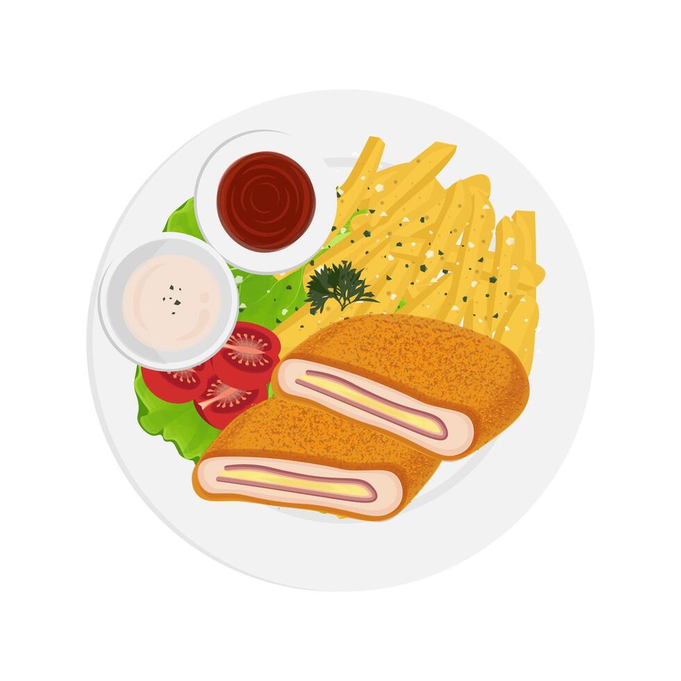 Vector illustration logo Top View Fried Chicken schnitzel or Chicken cordon bleu with French fries