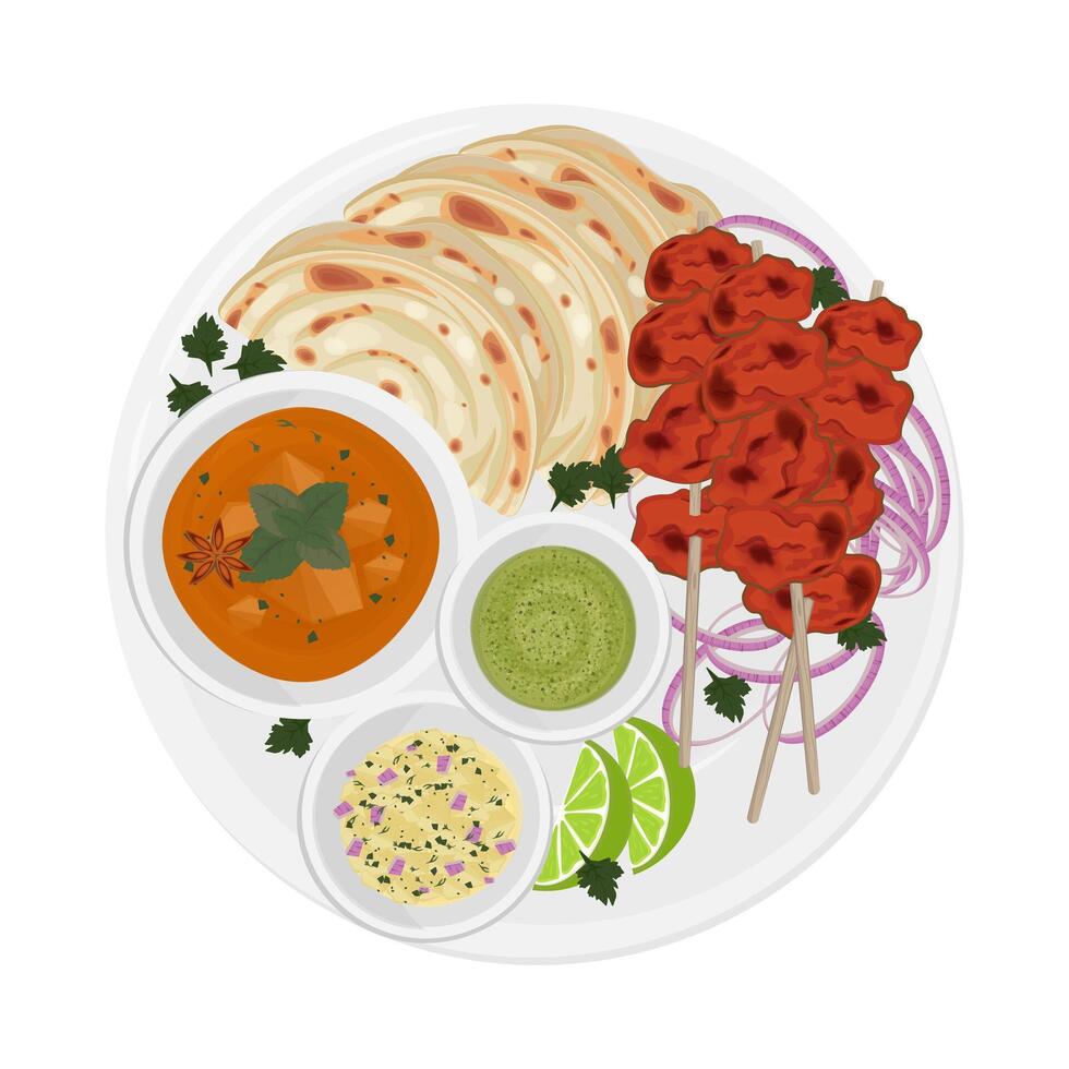 Vector illustration logo Top View Paratha with Indian chicken tikka kebab or chicken tandoori