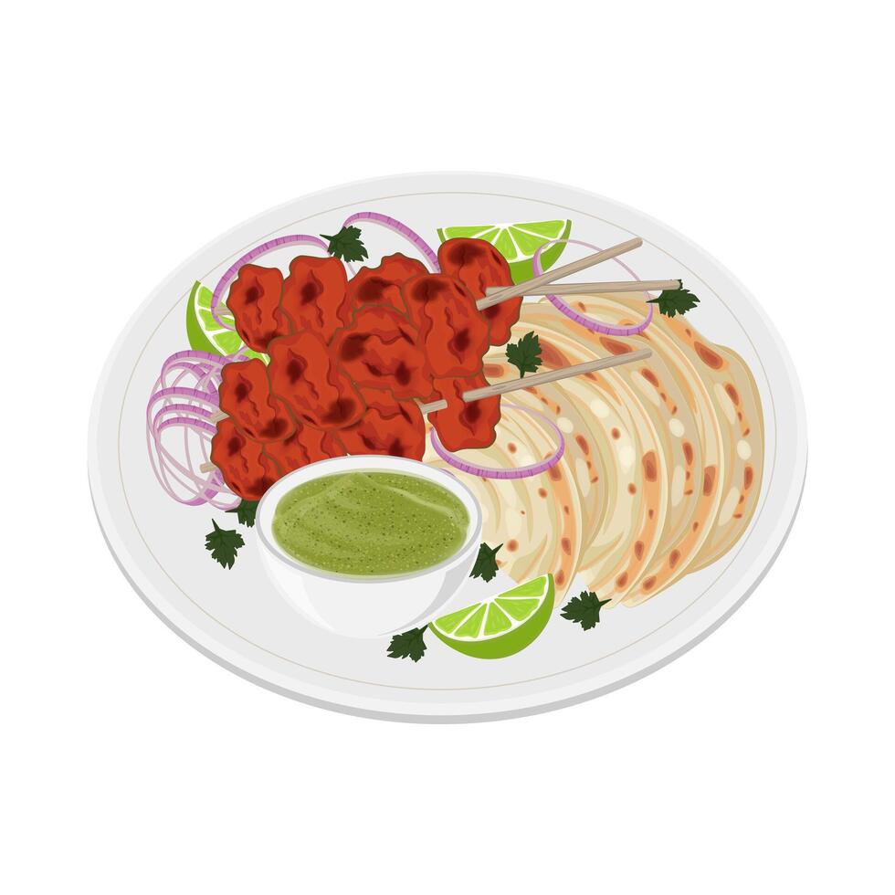 Vector illustration logo Paratha with Indian chicken tikka kebab or chicken tandoori