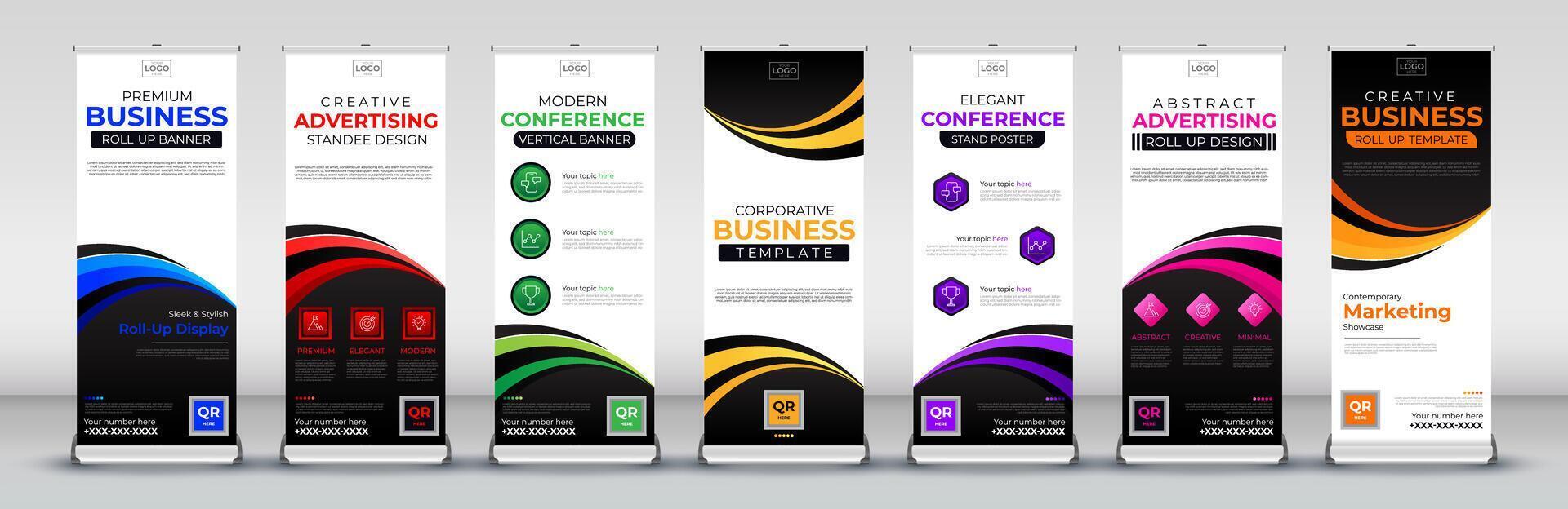 Advertising abstract Business Roll Up Banner Standee and Template set in red, green, blue, yellow, orange, purple, pink for events, presentations, meetings, annual events vector