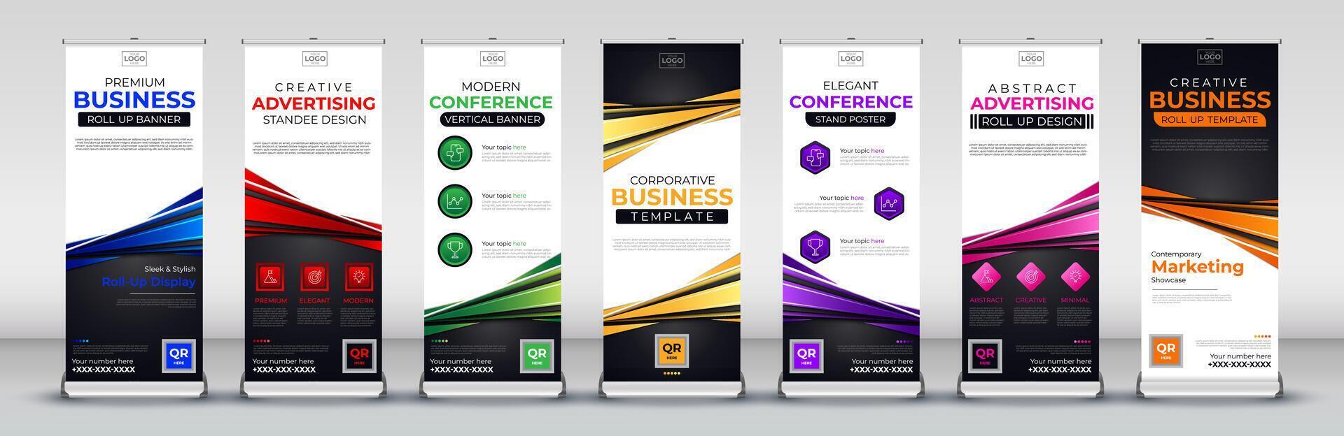 Business abstract roll up banner design in blue, red, green, yellow, purple, pink and orange colors vector
