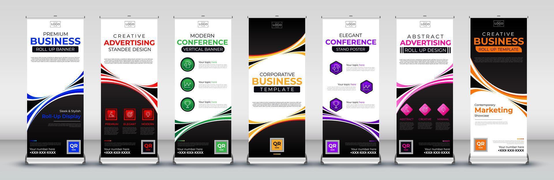 Advertising abstract Business Roll Up Banner Standee and Template set in red, green, blue, yellow, orange, purple, pink for events, presentations, meetings, annual events vector