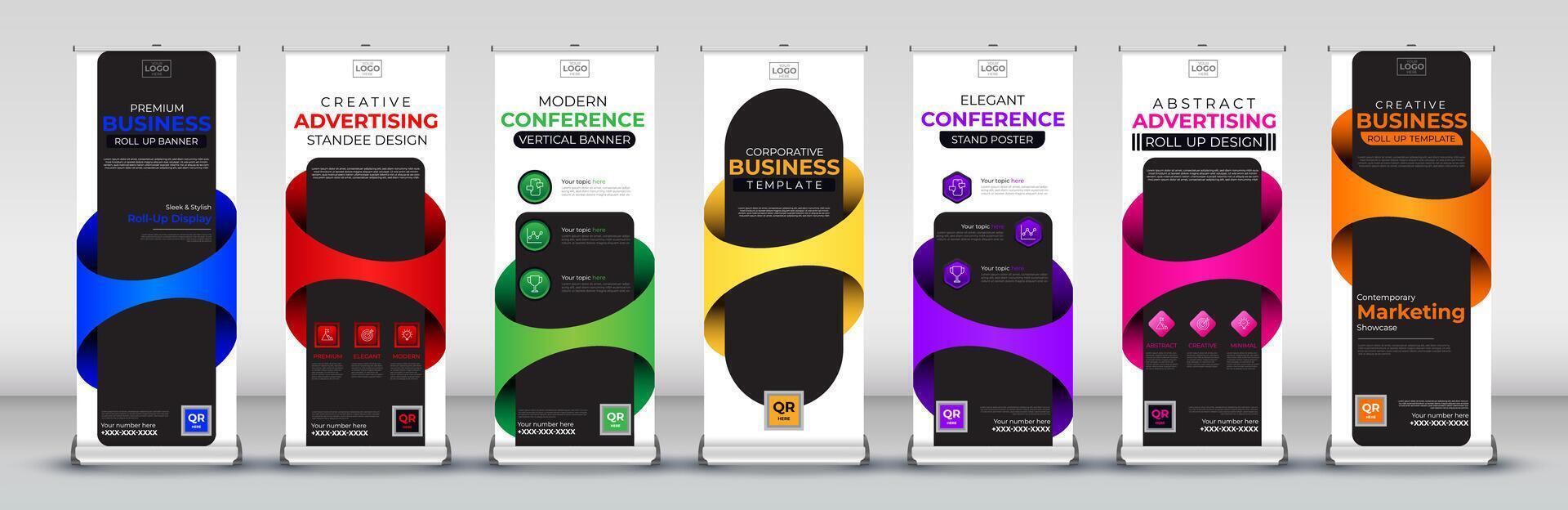 Business roll up banner design for business events, annual meetings, presentations, marketing, promotions, in blue, red, green, yellow, purple, pink and orange print ready colors vector