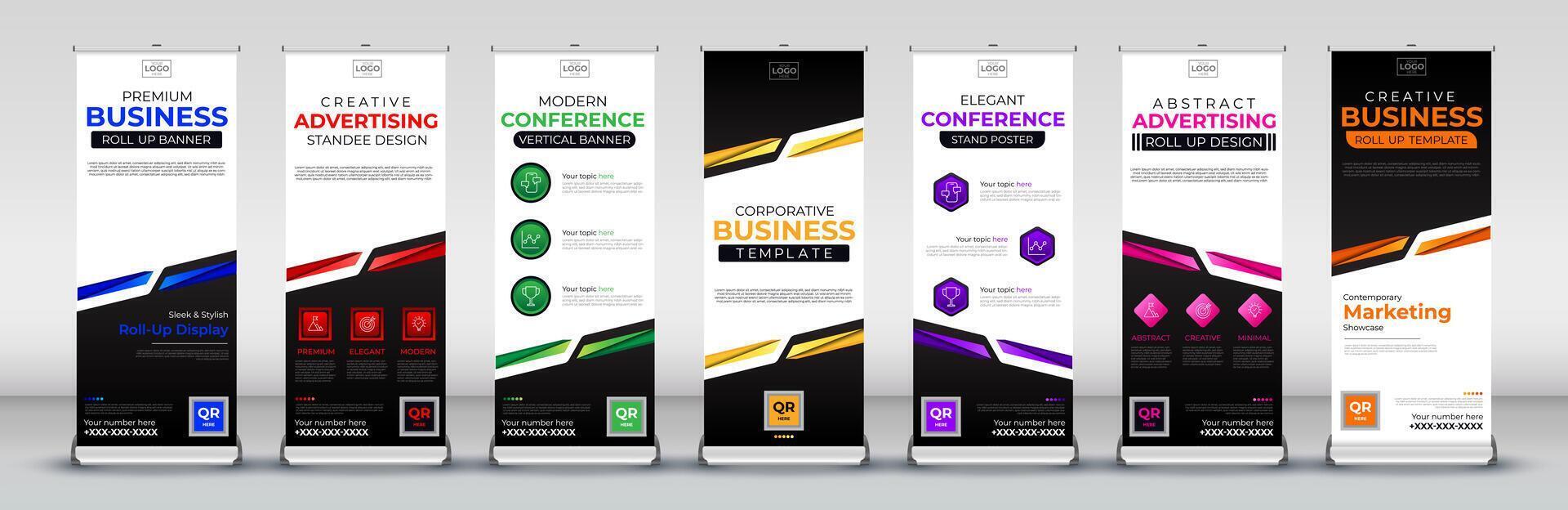 Advertising abstract Business Roll Up Banner Standee and Template set in red, green, blue, yellow, orange, purple, pink for events, presentations, meetings, annual events vector