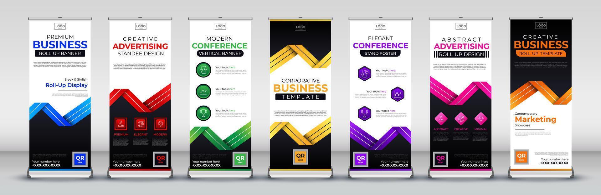 Business roll up banner design for business events, annual meetings, presentations, marketing, promotions, in blue, red, green, yellow, purple, pink and orange print ready colors vector