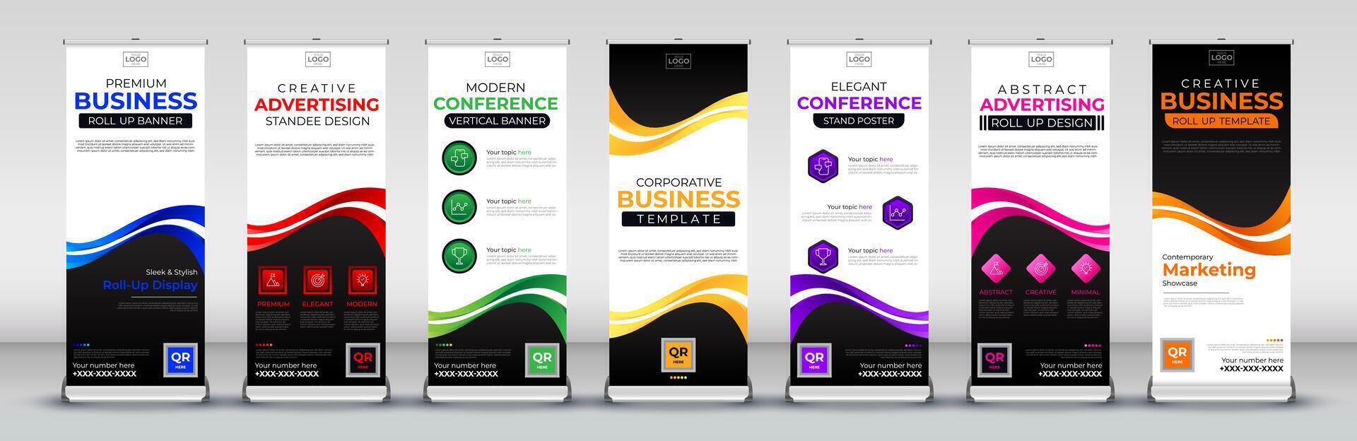 Advertising abstract Business Roll Up Banner Standee and Template set in red, green, blue, yellow, orange, purple, pink for events, presentations, meetings, annual events vector