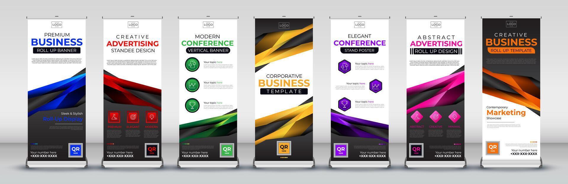 Business abstract roll up banner design in blue, red, green, yellow, purple, pink and orange colors vector