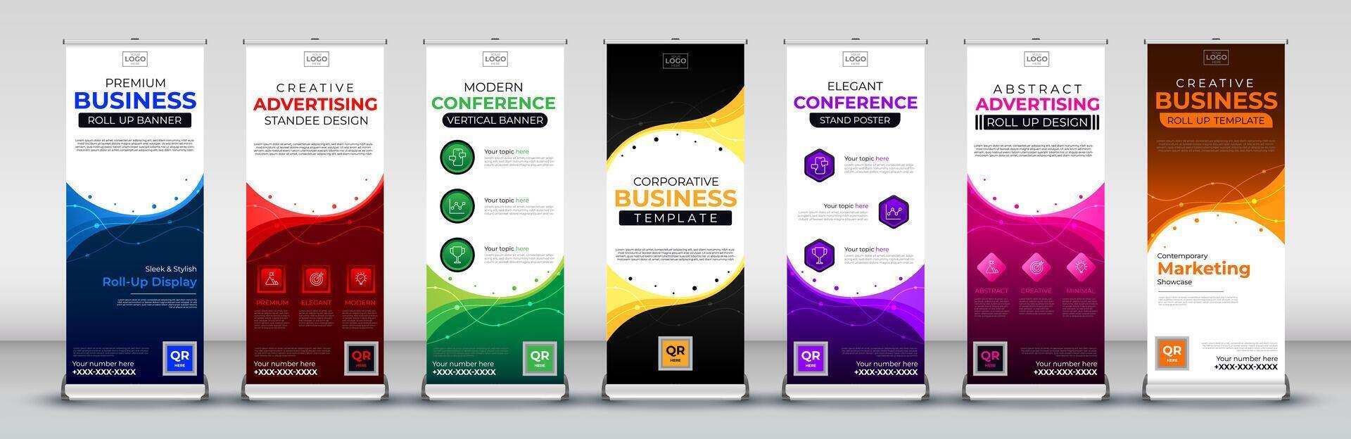 Business roll up banner design for business events, annual meetings, presentations, marketing, promotions, in blue, red, green, yellow, purple, pink and orange print ready colors vector