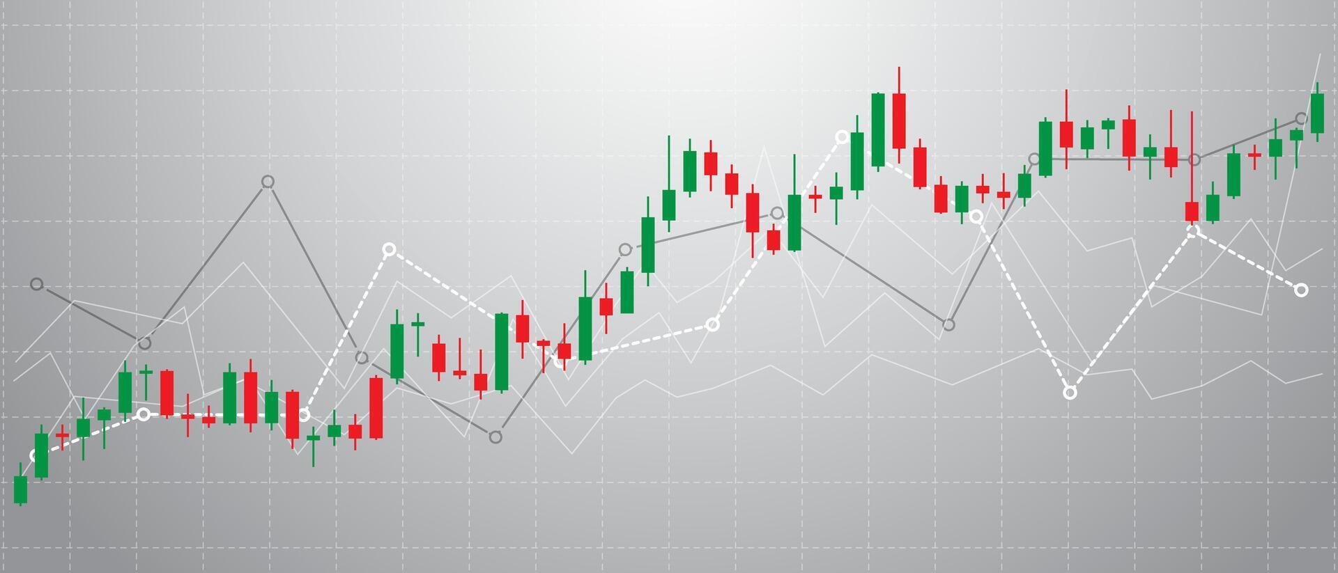 red and green candlestick pattern with indicators in white and black colors in grey and white background vector