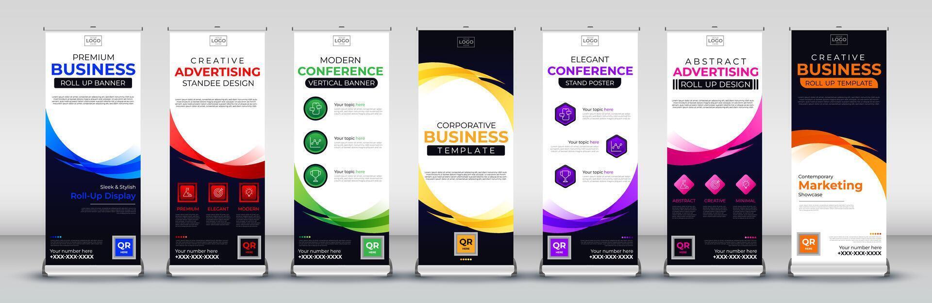 Business roll up banner design for business events, annual meetings, presentations, marketing, promotions, in blue, red, green, yellow, purple, pink and orange print ready colors vector