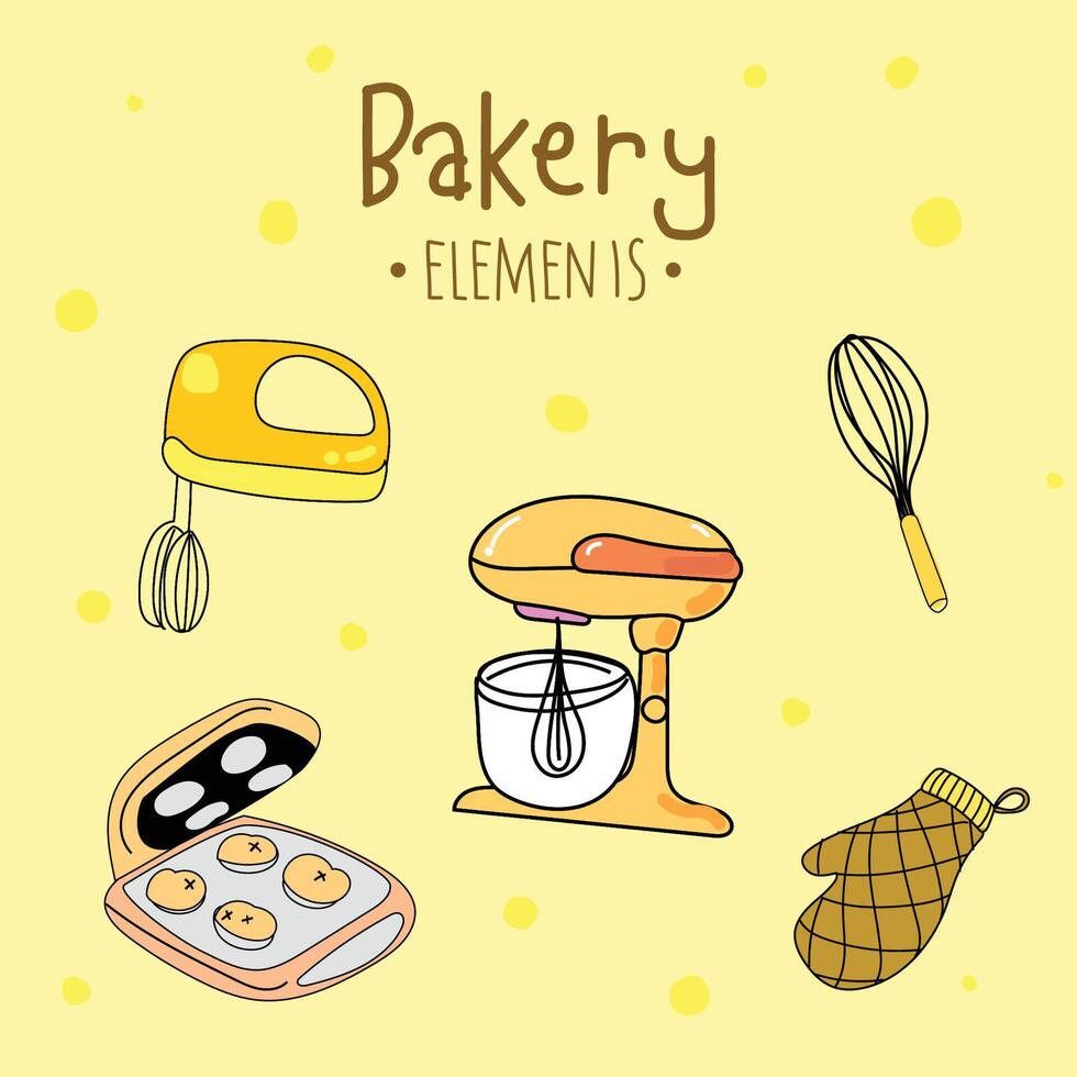 Kitchen utensils and bakery tools doodle. Hand drawn vector illustration.