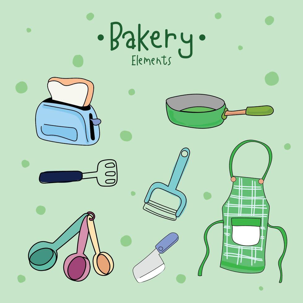 Kitchen utensils and bakery tools doodle. Hand drawn vector illustration.