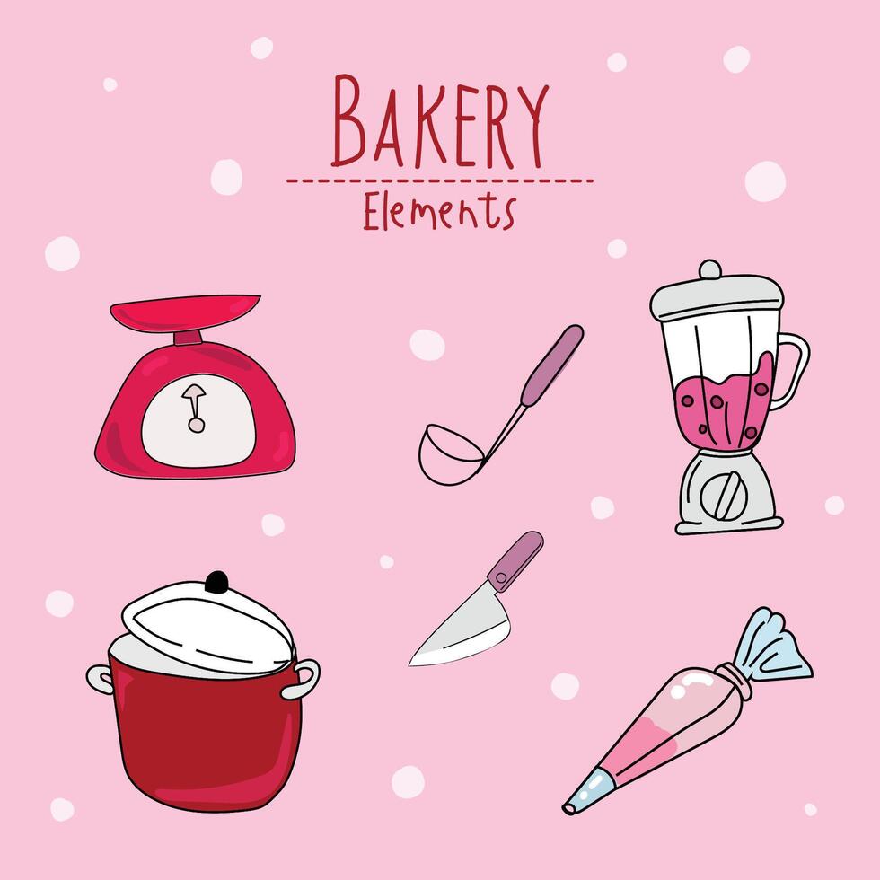 Kitchen utensils and bakery tools doodle. Hand drawn vector illustration.