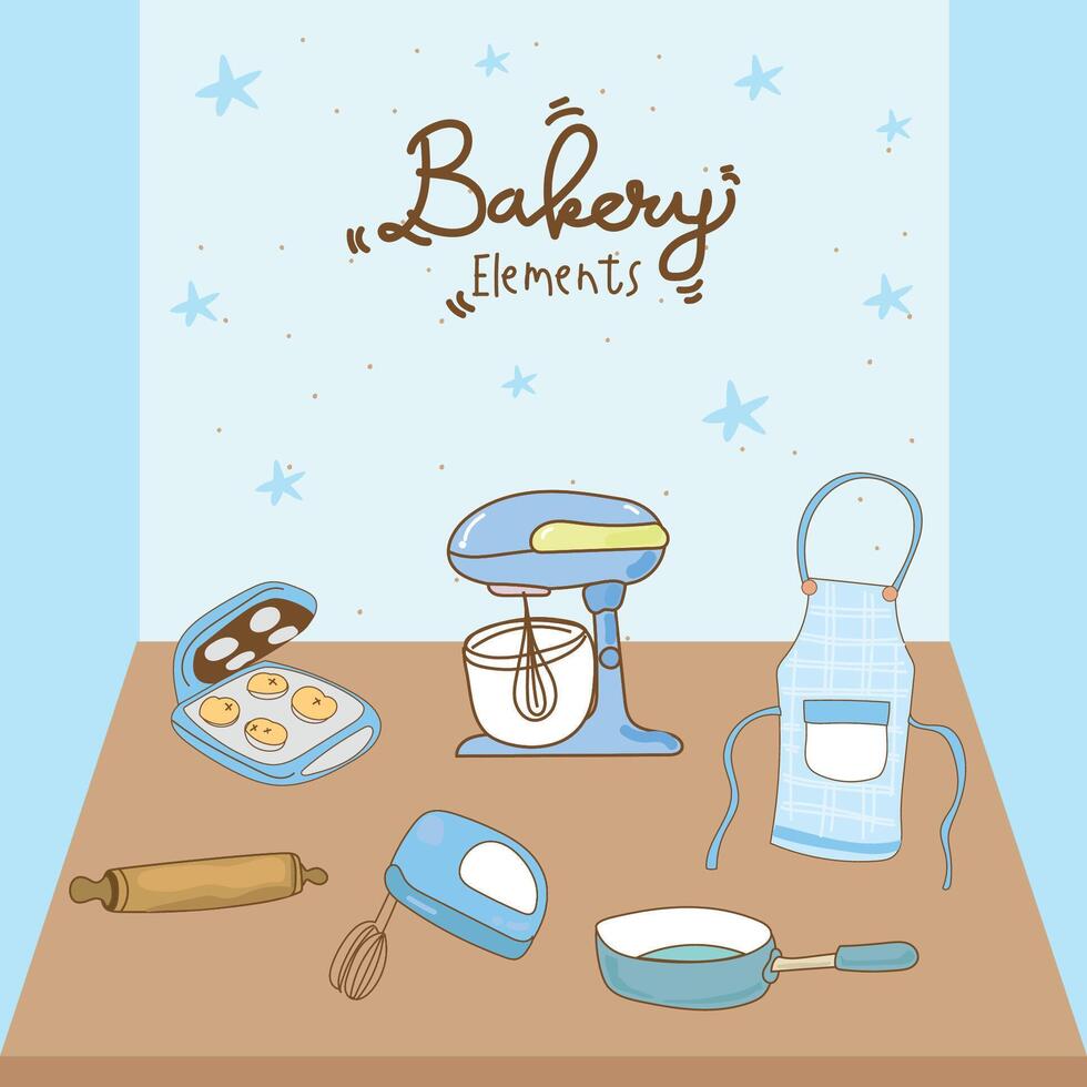 Kitchen utensils and bakery tools doodle. Hand drawn vector illustration.