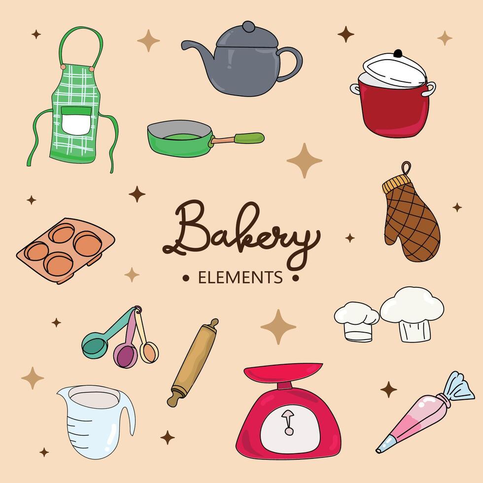 Kitchen utensils and bakery tools doodle. Hand drawn vector illustration.