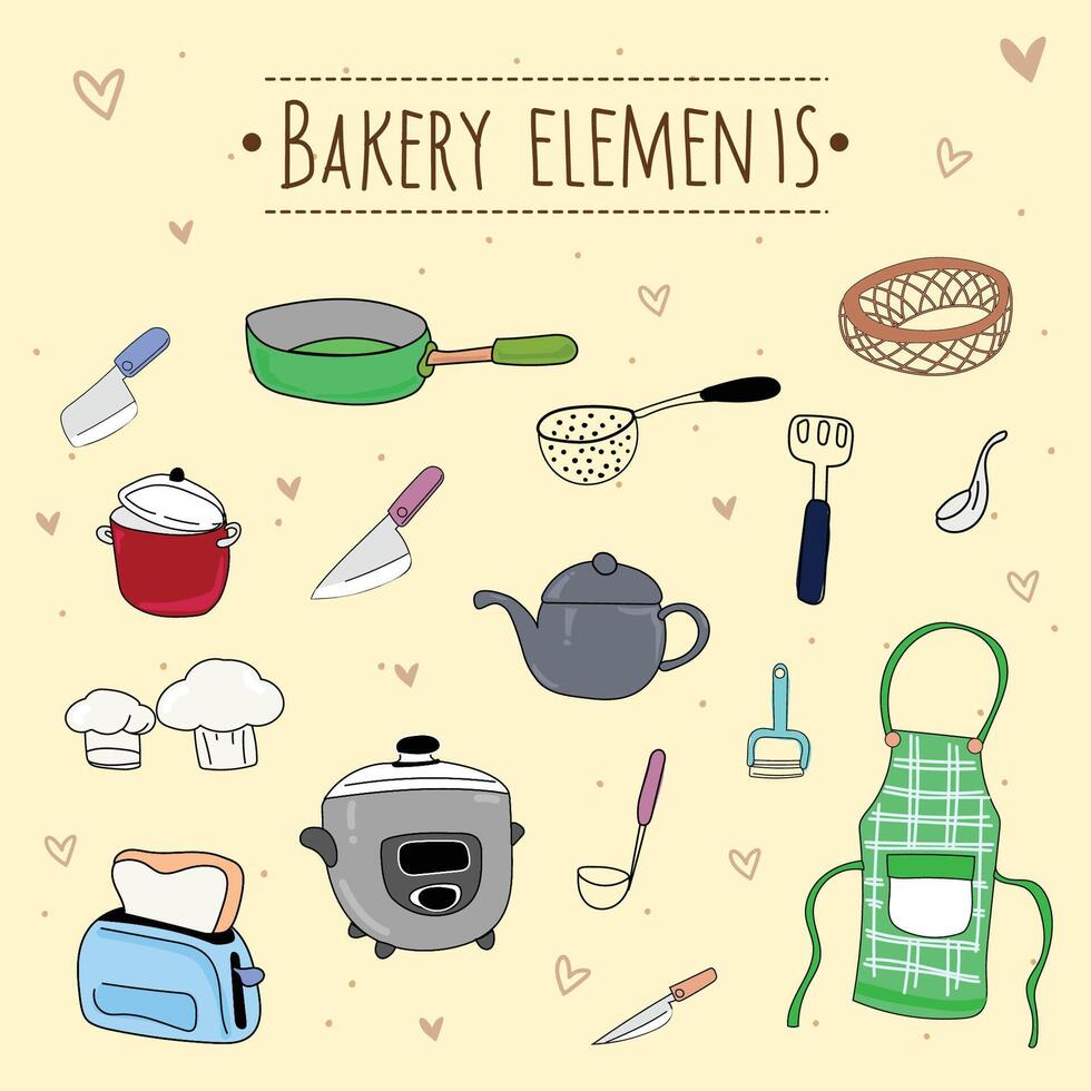 Kitchen utensils and bakery tools doodle. Hand drawn vector illustration.