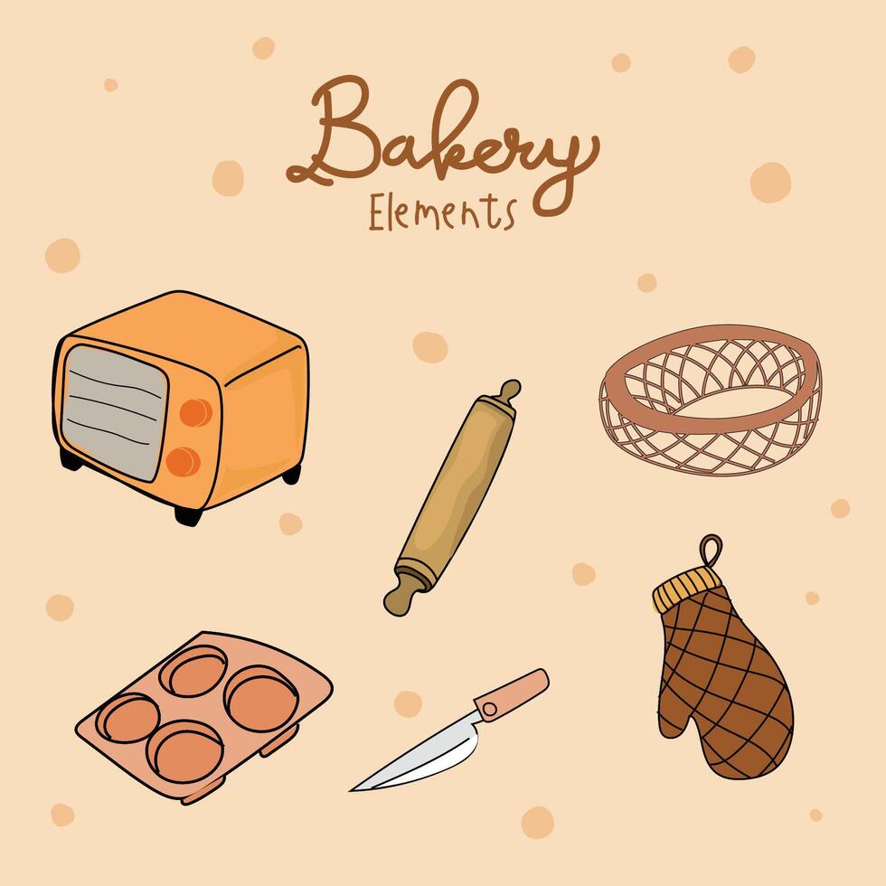 Kitchen utensils and bakery tools doodle. Hand drawn vector illustration.