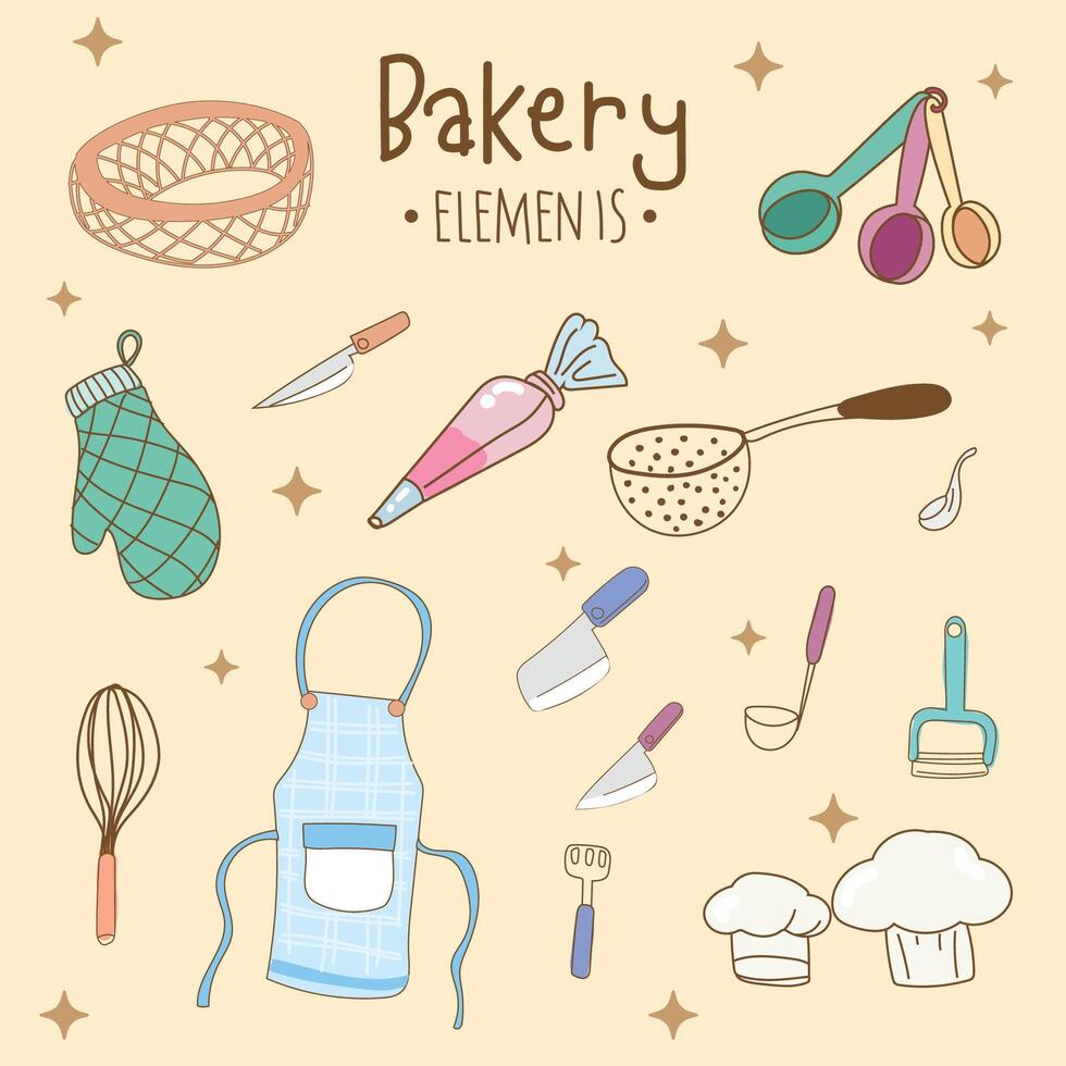 Kitchen utensils and bakery tools doodle. Hand drawn vector illustration.