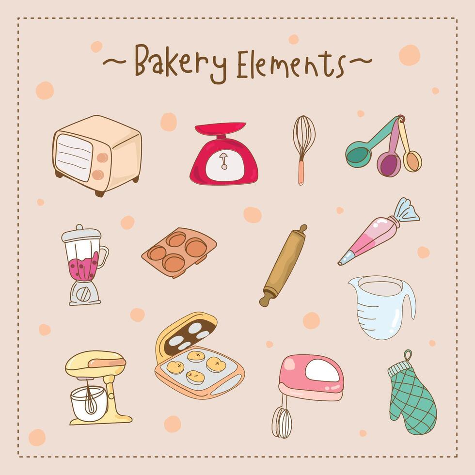 Kitchen utensils and bakery tools doodle. Hand drawn vector illustration.