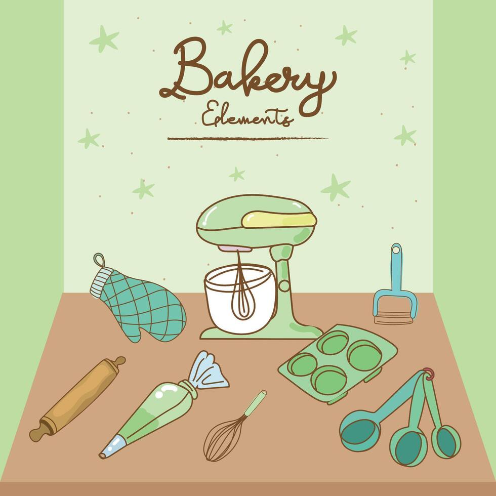 Kitchen utensils and bakery tools doodle. Hand drawn vector illustration.