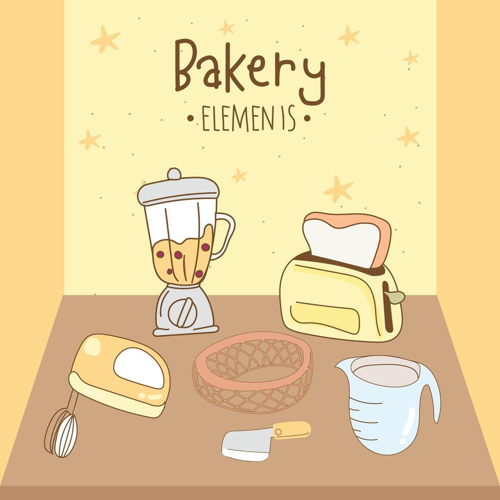 Kitchen utensils and bakery tools doodle. Hand drawn vector illustration.