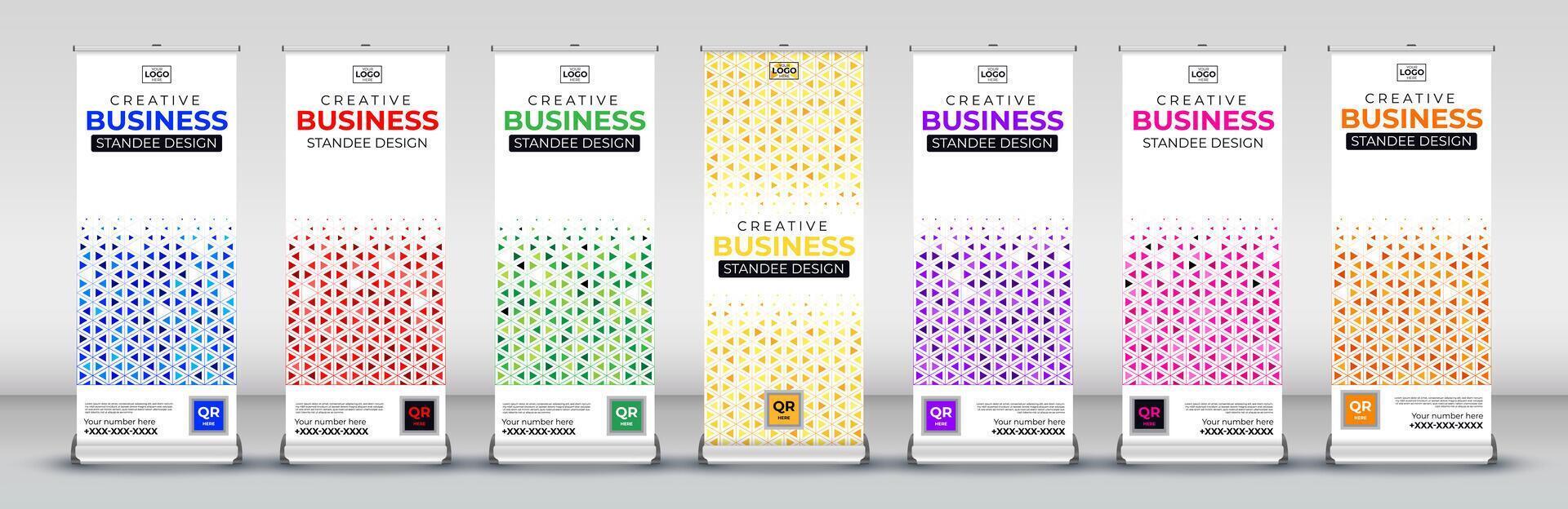 Business roll up banner design for business events, annual meetings, presentations, marketing, promotions, in blue, red, green, yellow, purple, pink and orange print ready colors vector