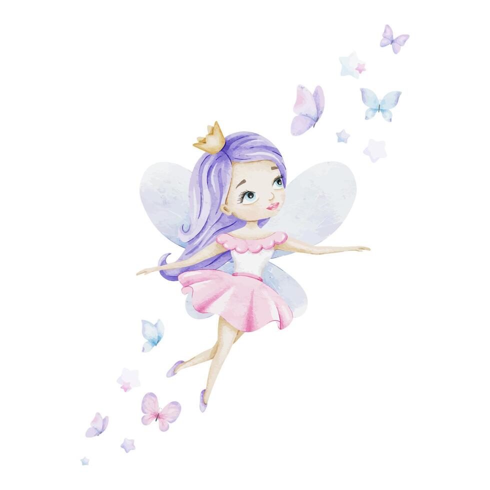 Cute little fairy with crown, butterflies and stars. Isolated hand draw watercolor illustration. For kid's goods, clothes, postcards, baby shower and children's room vector
