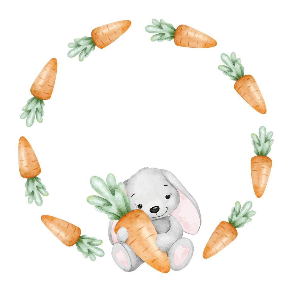 Cute bunny is holding a carrot. Fresh carrots with leaves. Hare hugs huge carrot. Isolated watercolor Frame. Wreath for children's goods, Easter cards, posters, invitations, baby's textiles vector