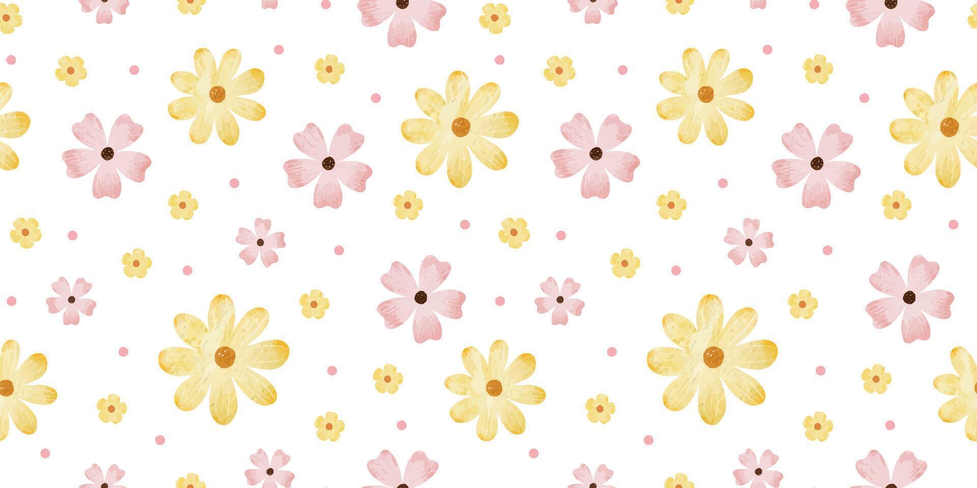 Pink, yellow wildflowers and dots. Watercolor hand drawn seamless pattern of Simple flowers. Cute print for fabric, scrapbooking, wrapping paper, design of card vector