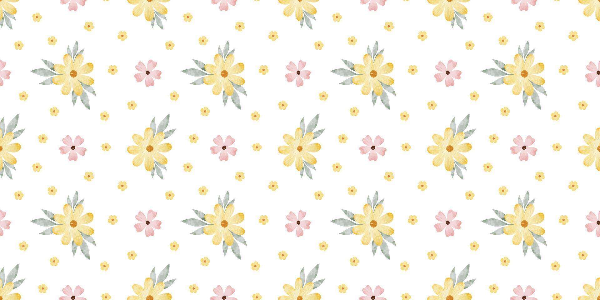 Pink, yellow wildflowers and leaves. Watercolor hand drawn seamless pattern of Simple flowers. Cute print for fabric, scrapbooking, wrapping paper, design of card vector