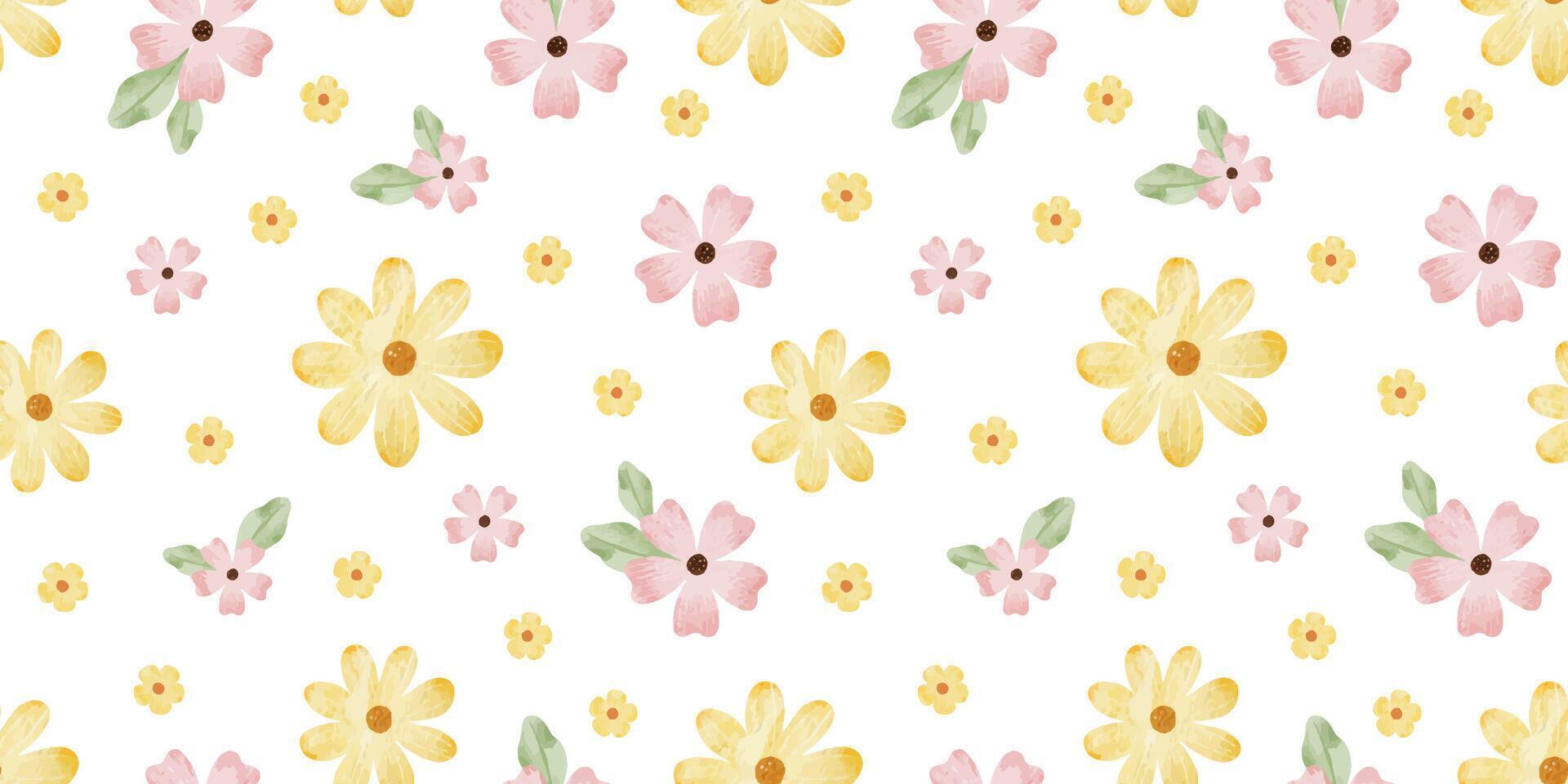 rosa, amarillo flores silvestres y hojas. acuarela mano dibujado sin costura modelo de sencillo flores linda impresión para tela, álbum de recortes, envase papel, diseño de tarjeta vector