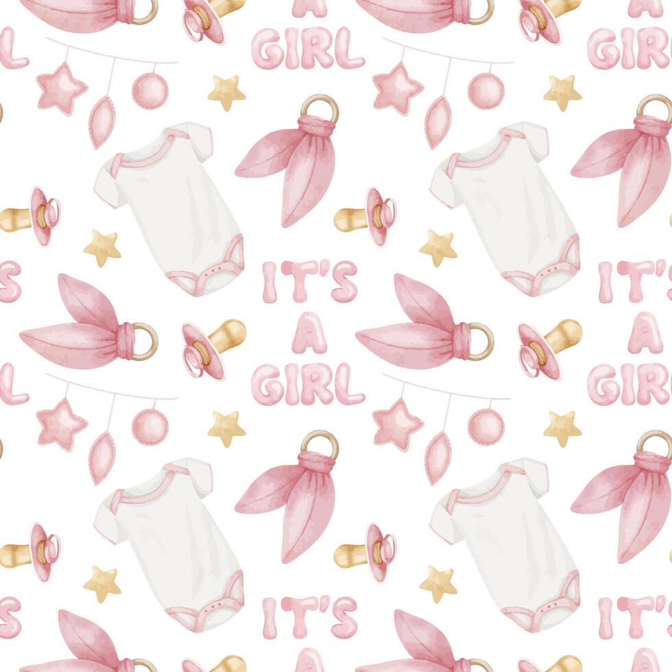 It's a girl inscription, bodysuit, soother, teether and stars. Background of baby accessories for girl. Cute watercolor pattern. Print for kids good,shop, cards, wallpapers, baby shower, kid's room vector