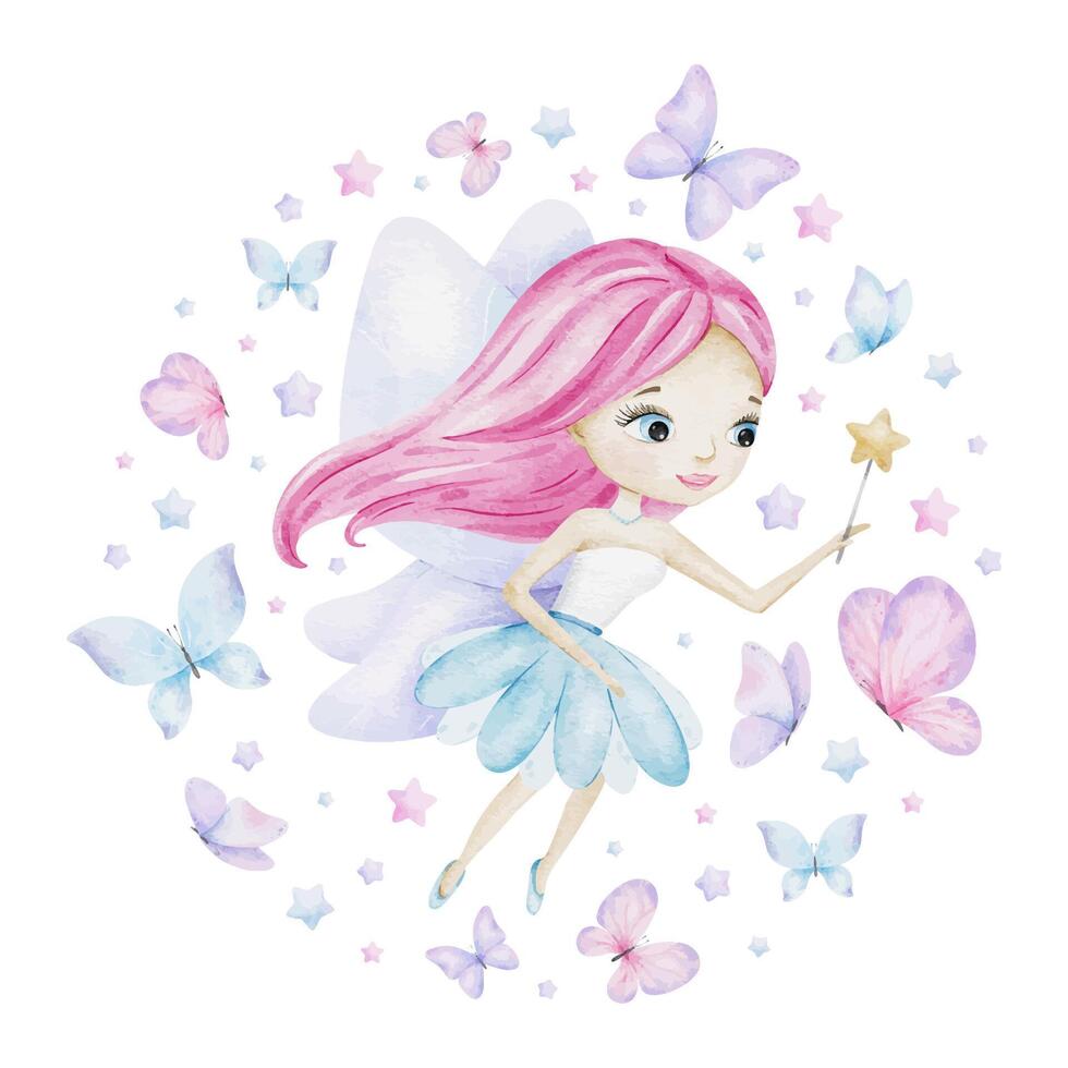 Cute little fairy with magic wand, butterflies and stars. Isolated hand draw watercolor illustration. For kid's goods, clothes, postcards, baby shower and children's room vector