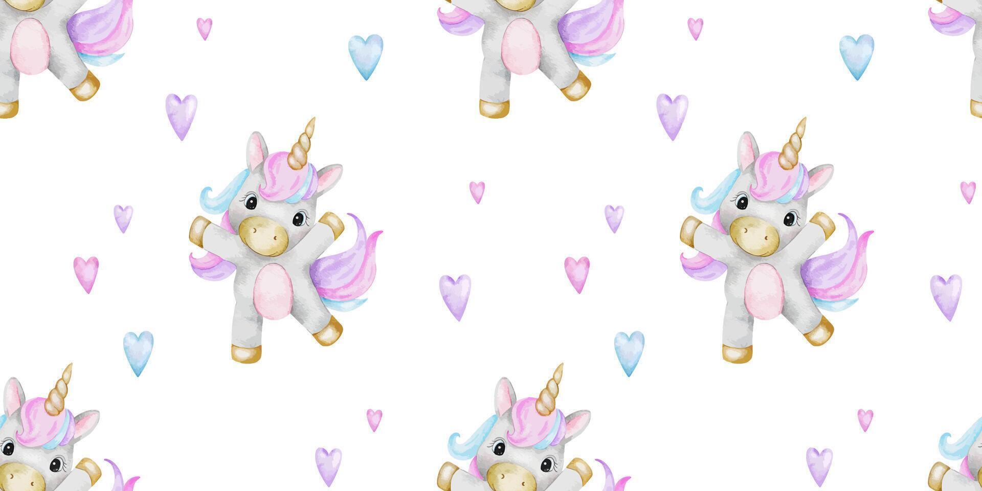 Print of cute little unicorns and hearts. Background of baby ponies. Watercolor hand drawn seamless pattern for children's rooms, goods, clothes, postcards, baby shower and nursery, fabric vector