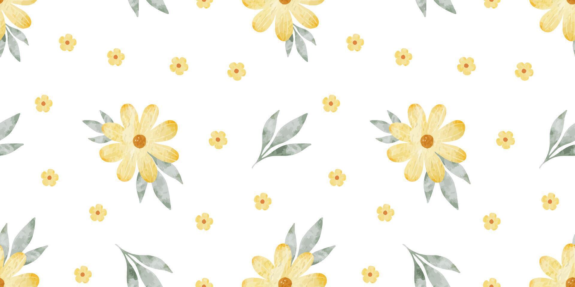 Yellow wildflowers and leaves. Watercolor hand drawn seamless pattern of Simple flowers. Cute print for fabric, scrapbooking, wrapping paper, design of card vector