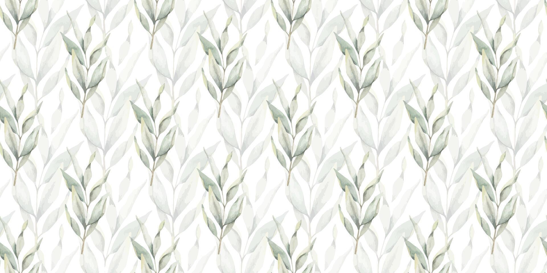 Green branches with leaves. Hand drawn watercolor seamless pattern of Twigs. Summer floral background for wedding design, textiles, wrapping paper, scrapbooking vector