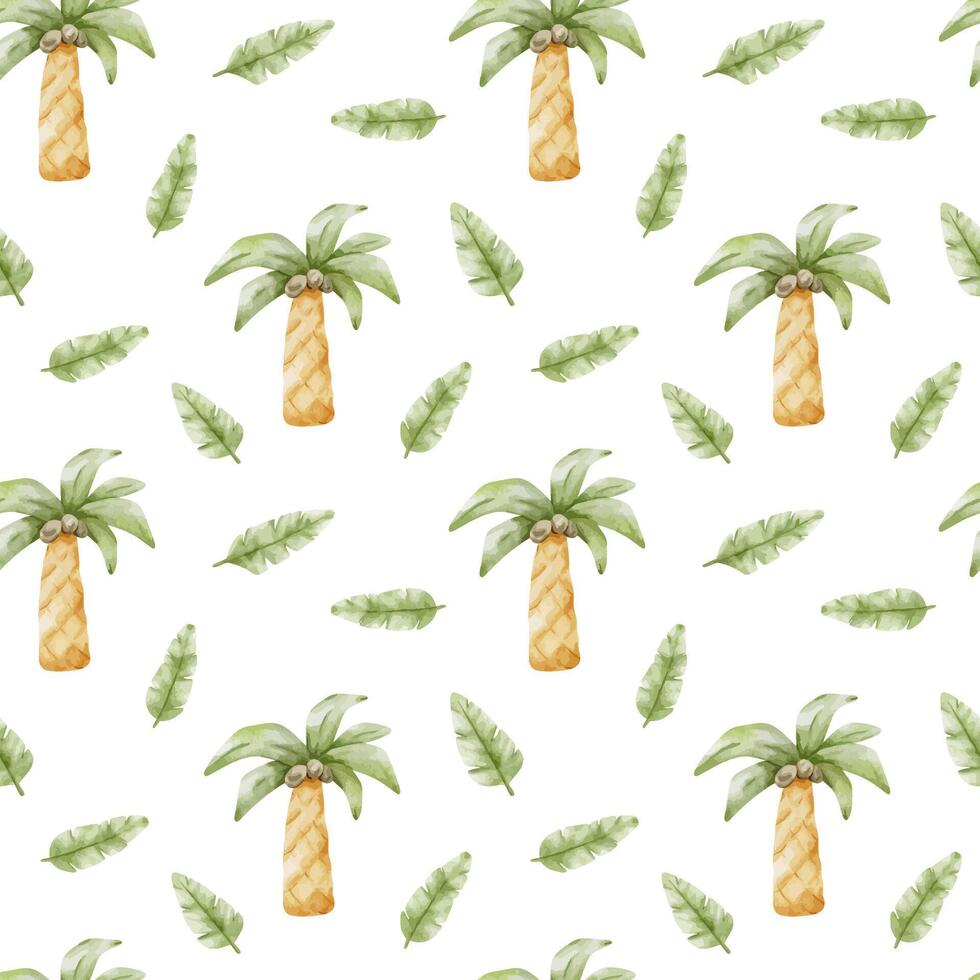 Palm trees and leaves in baby style. Tropical botanical background. Watercolor seamless pattern for design kid's goods cards, postcards, fabric, scrapbooking, office supplies vector